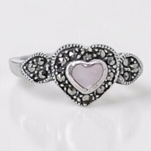 Vintage Sterling Silver Pink Abalone Marcasite Heart Stackable Ring SIZE 6.5
